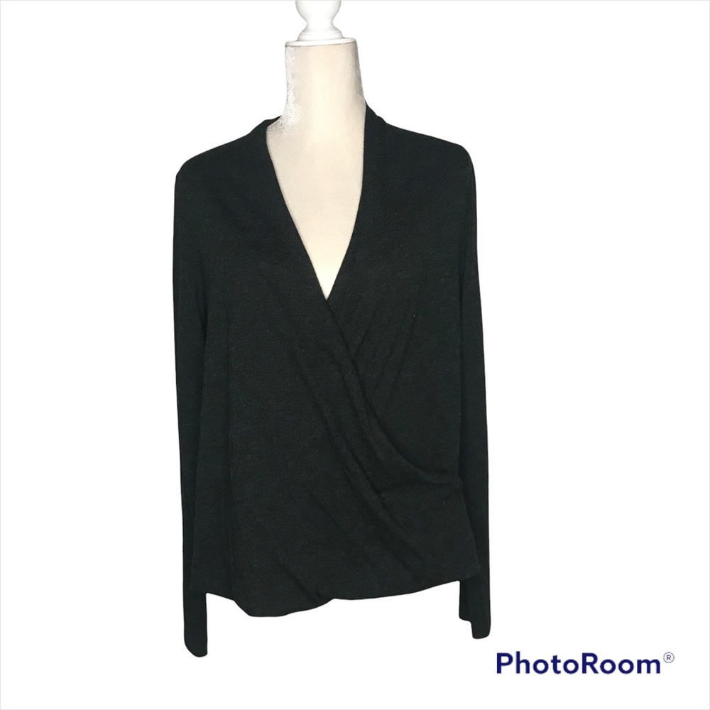 Lucy Activewear Wool Blend Faux Wrap Long Sleeve Top dark heather gray size M